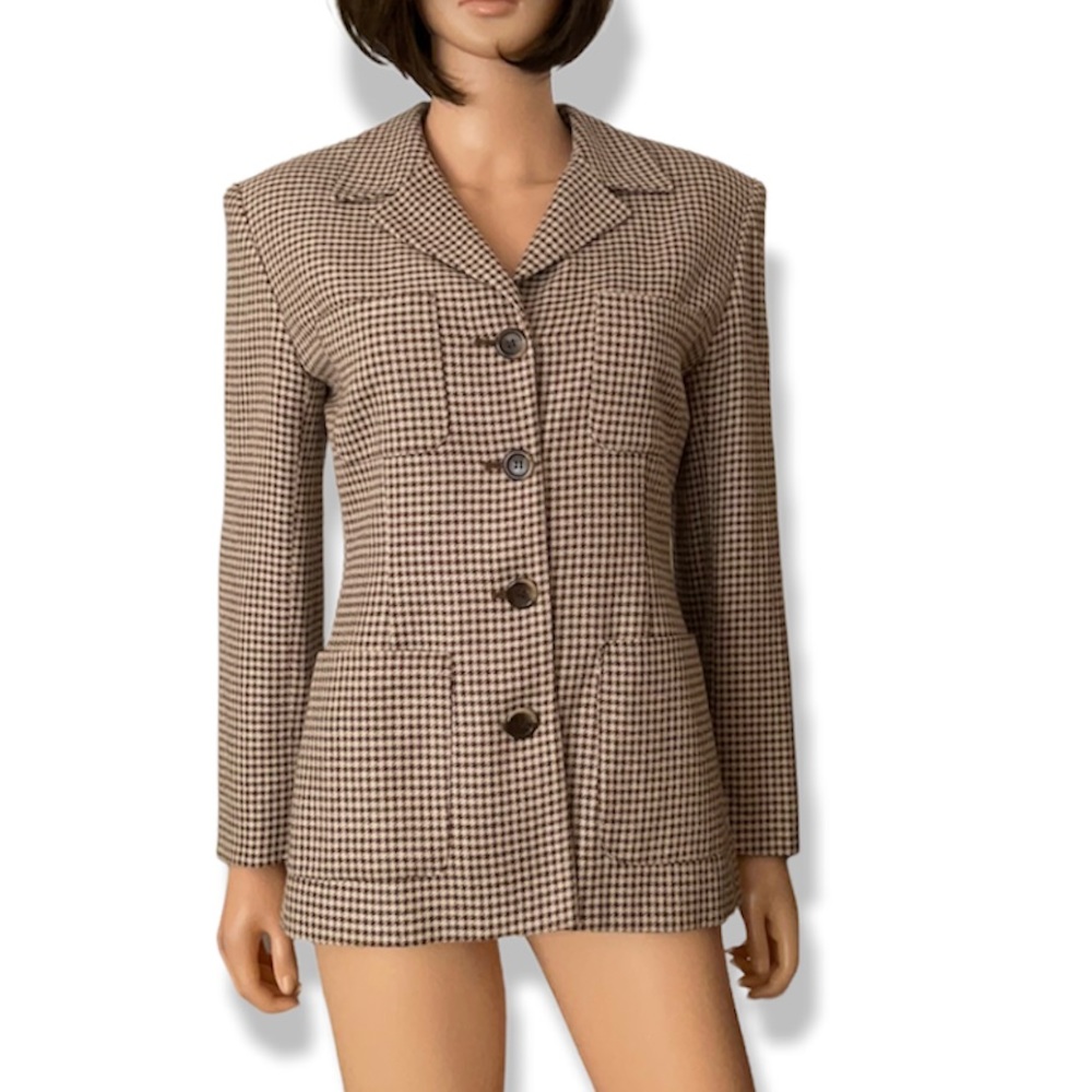 Vintage Evan Picone Silk Blend Houndstooth Blazer Brown Cream Size 8